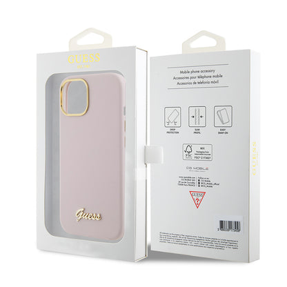 Deksel for Apple iPhone 15, Guess, Script Metal Logo & Frame, Lys Rosa