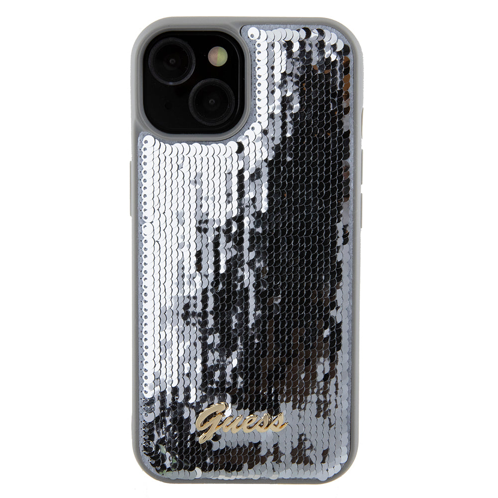 Deksel for Apple iPhone 15, Guess, Sequin Script Metal, Sølvfarget