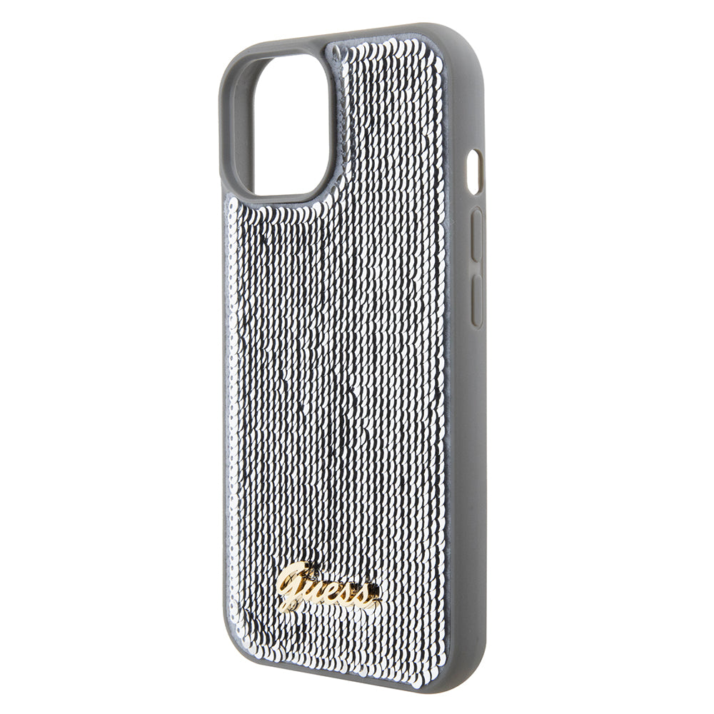 Deksel for Apple iPhone 15, Guess, Sequin Script Metal, Sølvfarget