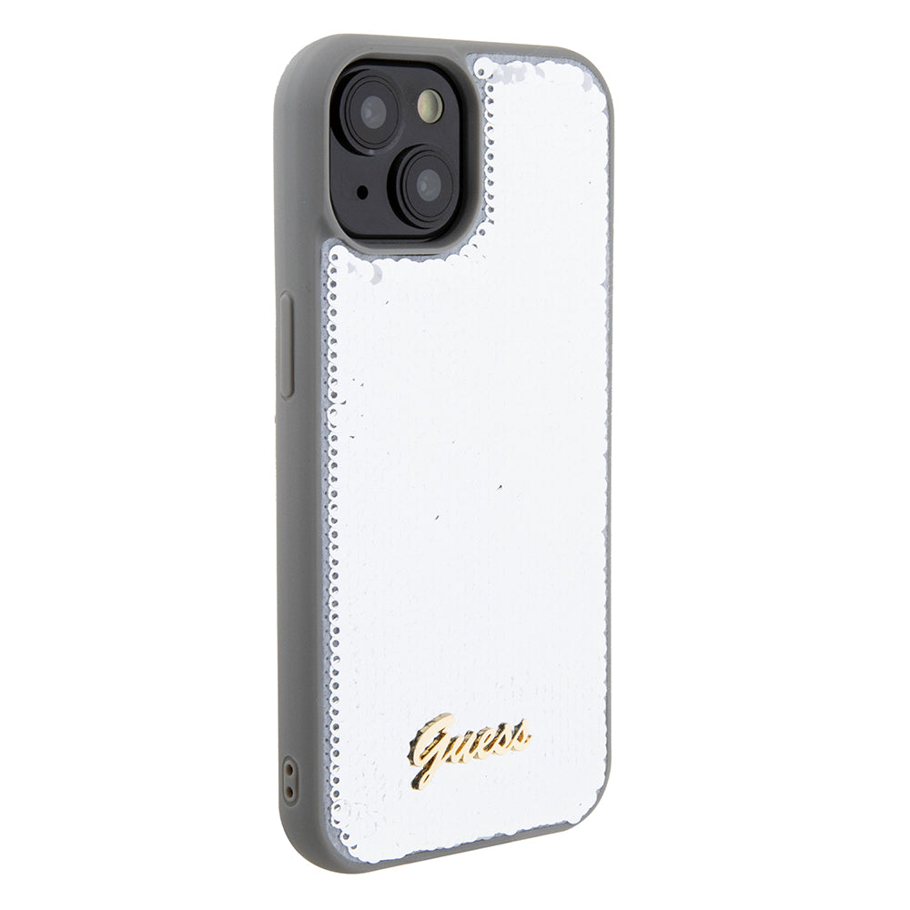 Deksel for Apple iPhone 15, Guess, Sequin Script Metal, Sølvfarget