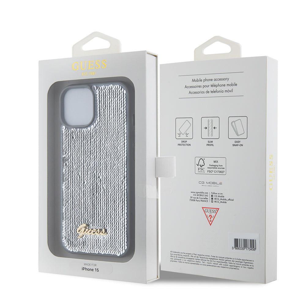 Deksel for Apple iPhone 15, Guess, Sequin Script Metal, Sølvfarget