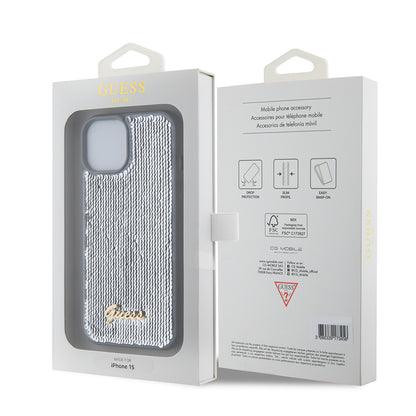 Deksel for Apple iPhone 15, Guess, Sequin Script Metal, Sølvfarget