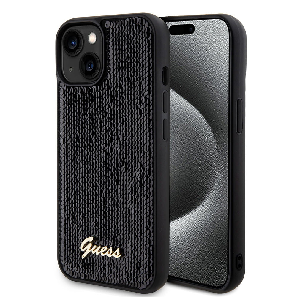 Deksel for Apple iPhone 15, Guess, Sequin Script Metal, Svart