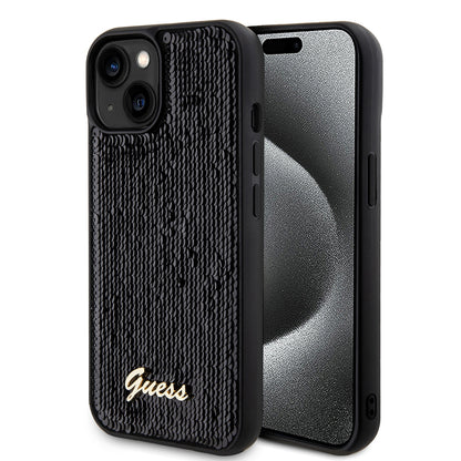 Deksel for Apple iPhone 15, Guess, Sequin Script Metal, Svart