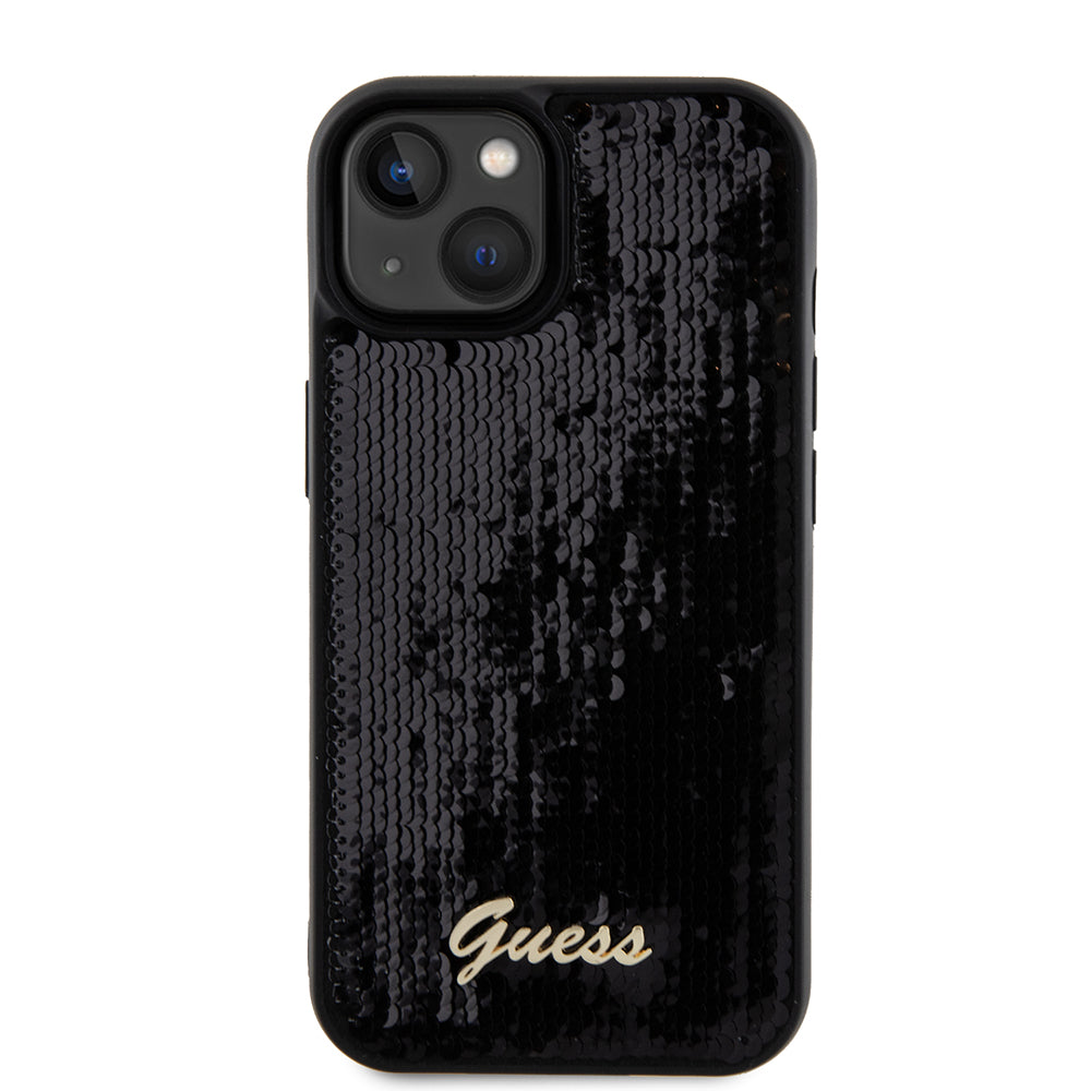 Deksel for Apple iPhone 15, Guess, Sequin Script Metal, Svart
