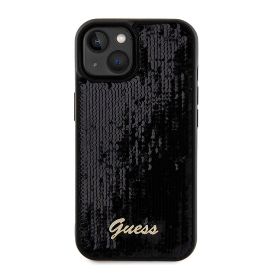 Deksel for Apple iPhone 15, Guess, Sequin Script Metal, Svart