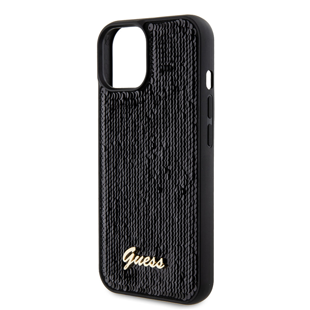 Deksel for Apple iPhone 15, Guess, Sequin Script Metal, Svart