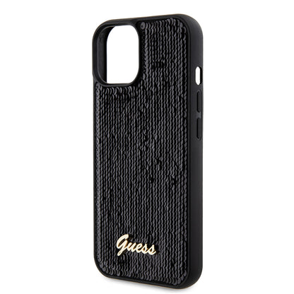 Deksel for Apple iPhone 15, Guess, Sequin Script Metal, Svart