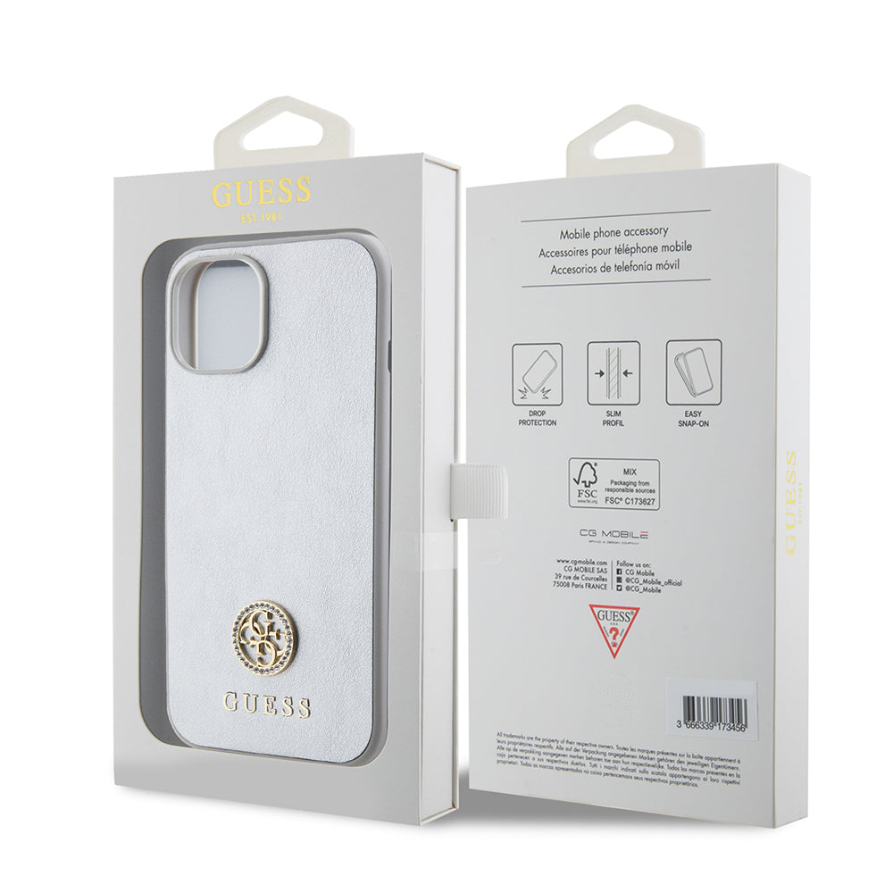 Deksel for Apple iPhone 15, Guess, Strass Metal Logo, Sølvfarget