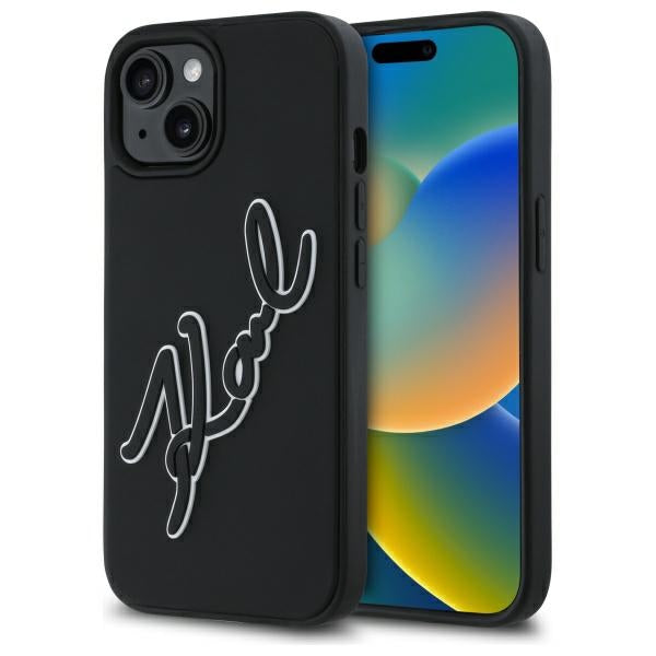 Deksel for Apple iPhone 15, Karl Lagerfeld, 3D Rubber Signature, Svart