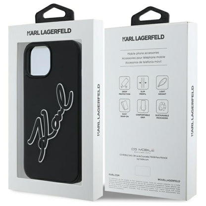 Deksel for Apple iPhone 15, Karl Lagerfeld, 3D Rubber Signature, Svart