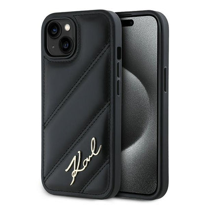 Deksel for Apple iPhone 15, Karl Lagerfeld, Diagonal Quilted Script, Svart