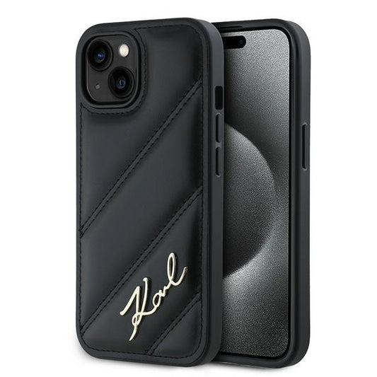 Deksel for Apple iPhone 15, Karl Lagerfeld, Diagonal Quilted Script, Svart