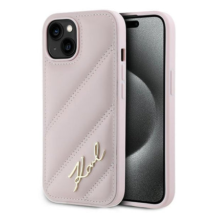 Deksel for Apple iPhone 15, Karl Lagerfeld, Diagonal Quilted Script, Rosa