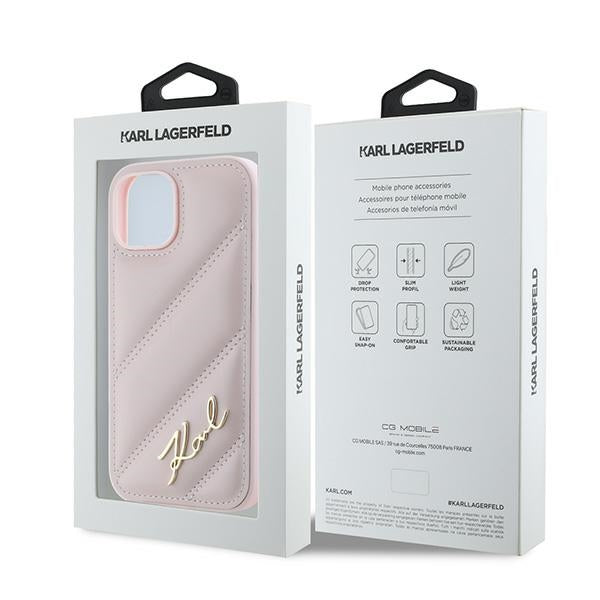Deksel for Apple iPhone 15, Karl Lagerfeld, Diagonal Quilted Script, Rosa