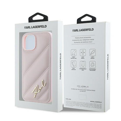 Deksel for Apple iPhone 15, Karl Lagerfeld, Diagonal Quilted Script, Rosa