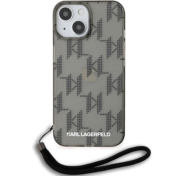 Deksel for Apple iPhone 15, Karl Lagerfeld, IML Luxury Monogram KL Pattern with Strap, Svart