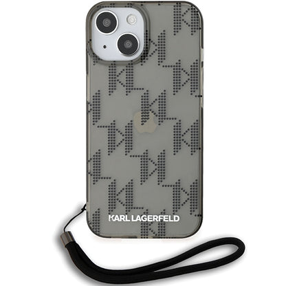 Deksel for Apple iPhone 15, Karl Lagerfeld, IML Luxury Monogram KL Pattern with Strap, Svart