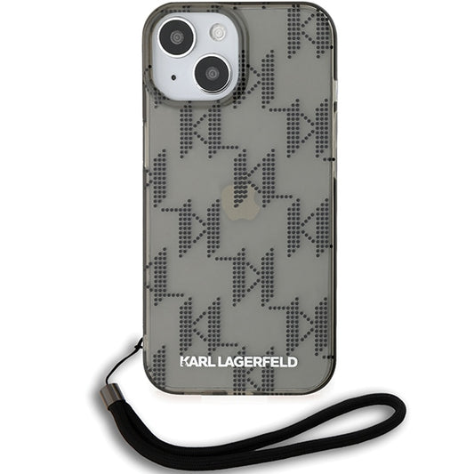 Deksel for Apple iPhone 15, Karl Lagerfeld, IML Luxury Monogram KL Pattern with Strap, Svart