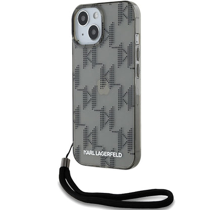 Deksel for Apple iPhone 15, Karl Lagerfeld, IML Luxury Monogram KL Pattern with Strap, Svart