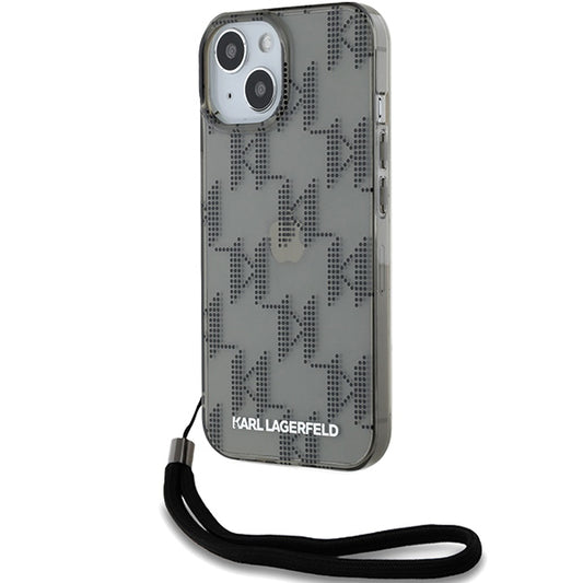 Deksel for Apple iPhone 15, Karl Lagerfeld, IML Luxury Monogram KL Pattern with Strap, Svart