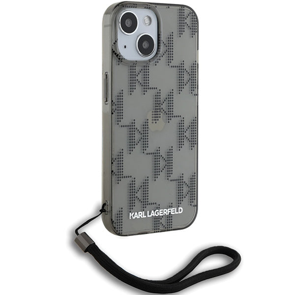 Deksel for Apple iPhone 15, Karl Lagerfeld, IML Luxury Monogram KL Pattern with Strap, Svart