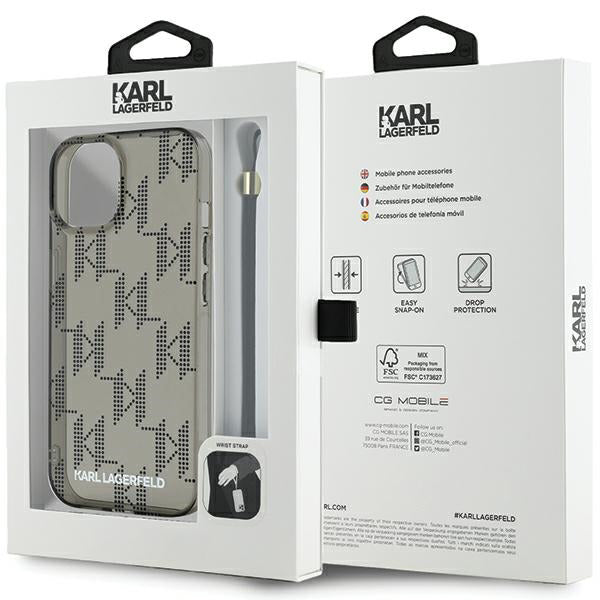 Deksel for Apple iPhone 15, Karl Lagerfeld, IML Luxury Monogram KL Pattern with Strap, Svart