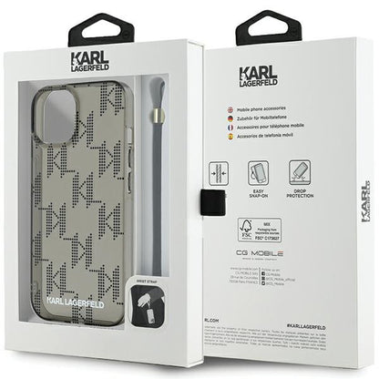 Deksel for Apple iPhone 15, Karl Lagerfeld, IML Luxury Monogram KL Pattern with Strap, Svart