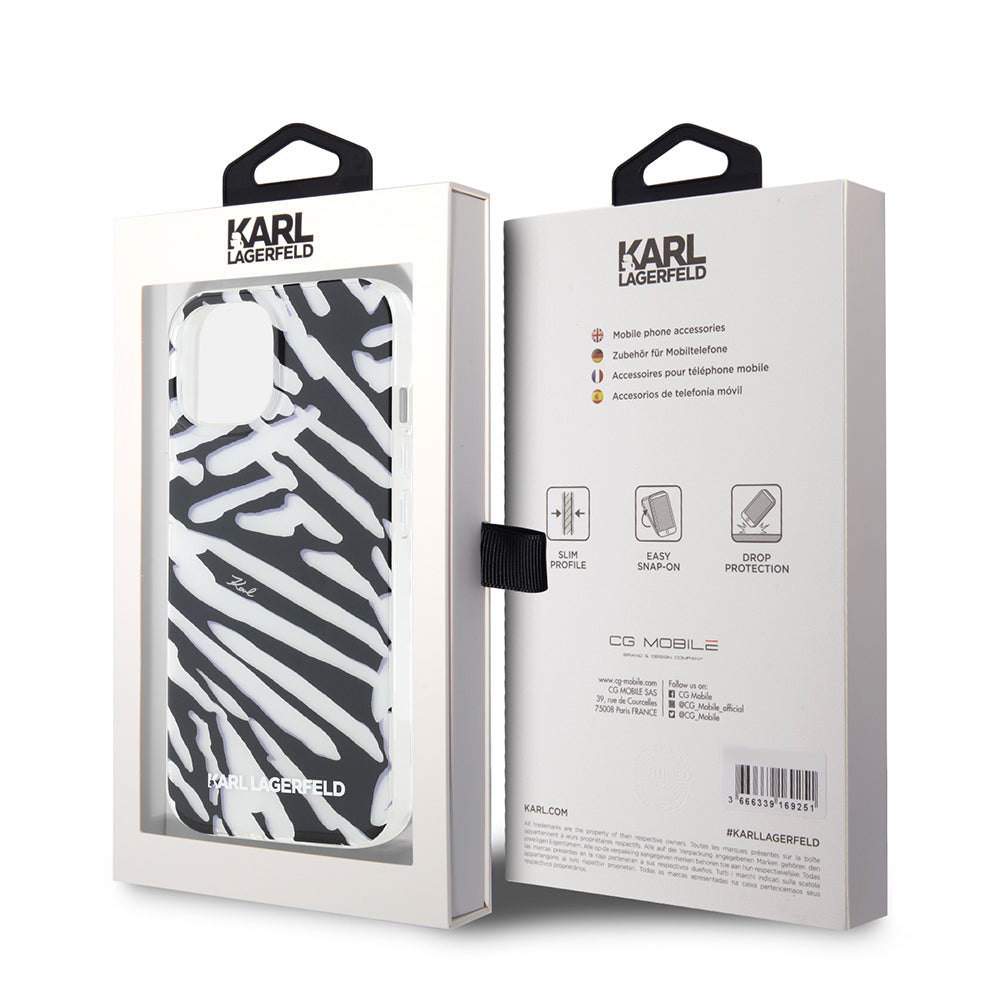 Deksel for Apple iPhone 15, Karl Lagerfeld, IML Luxury Zebra Pattern with Strap, Svart