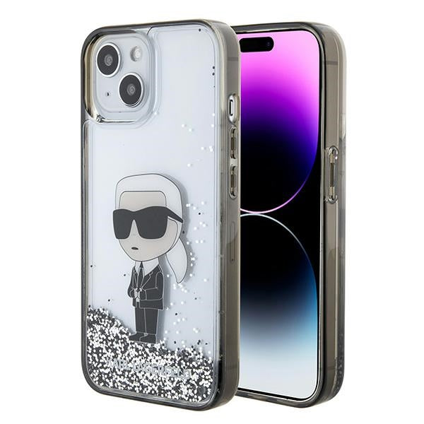 Deksel for Apple iPhone 15, Karl Lagerfeld, Liquid Glitter Ikonik Karl, Gjennomsiktig