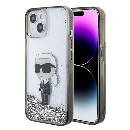 Deksel for Apple iPhone 15, Karl Lagerfeld, Liquid Glitter Ikonik Karl, Gjennomsiktig