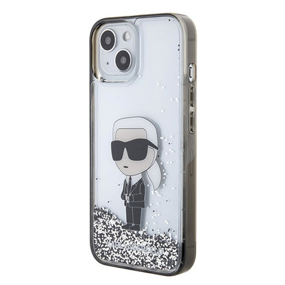 Deksel for Apple iPhone 15, Karl Lagerfeld, Liquid Glitter Ikonik Karl, Gjennomsiktig