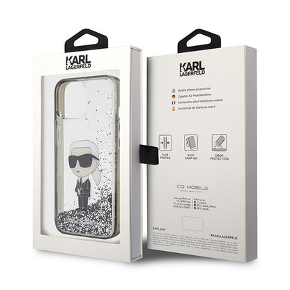 Deksel for Apple iPhone 15, Karl Lagerfeld, Liquid Glitter Ikonik Karl, Gjennomsiktig