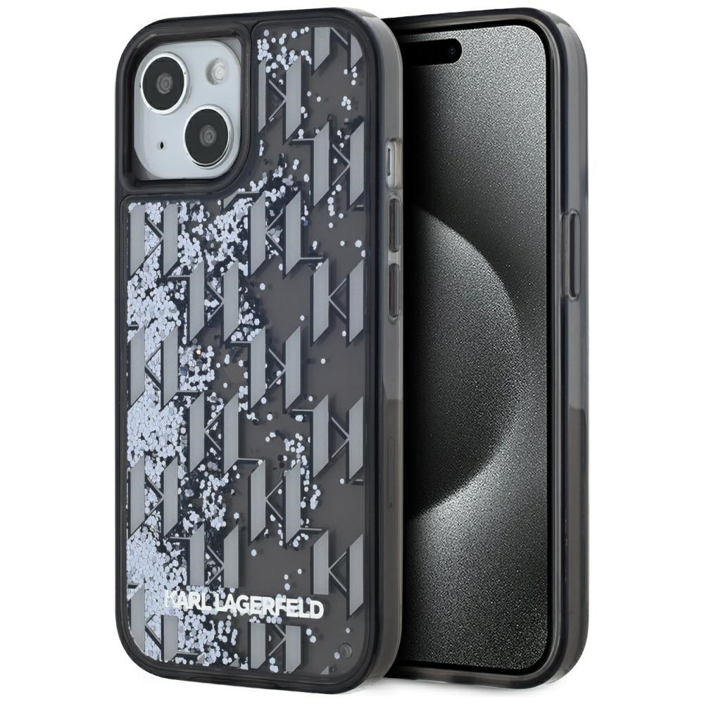 Deksel for Apple iPhone 15, Karl Lagerfeld, Liquid Glitter Monogram, Svart