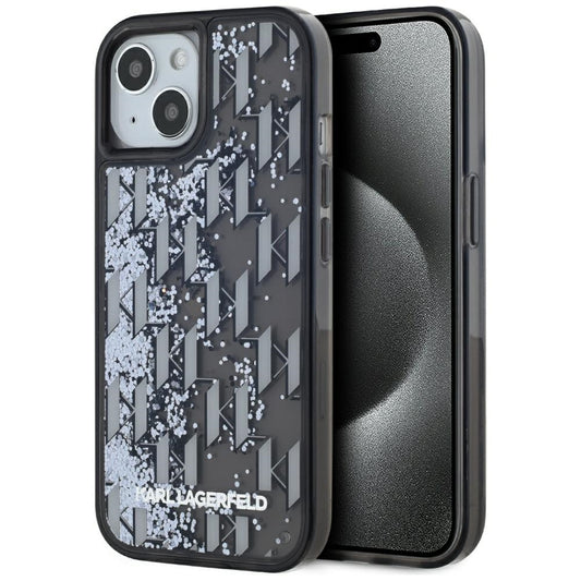 Deksel for Apple iPhone 15, Karl Lagerfeld, Liquid Glitter Monogram, Svart
