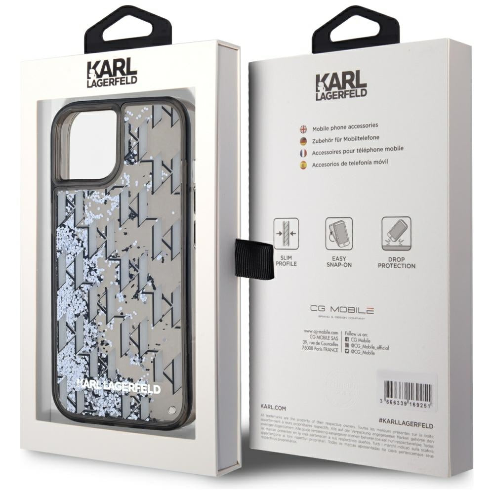 Deksel for Apple iPhone 15, Karl Lagerfeld, Liquid Glitter Monogram, Svart