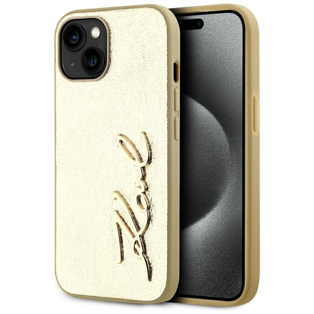 Deksel for Apple iPhone 15, Karl Lagerfeld, Metal Signature, Gull