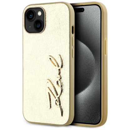 Deksel for Apple iPhone 15, Karl Lagerfeld, Metal Signature, Gull