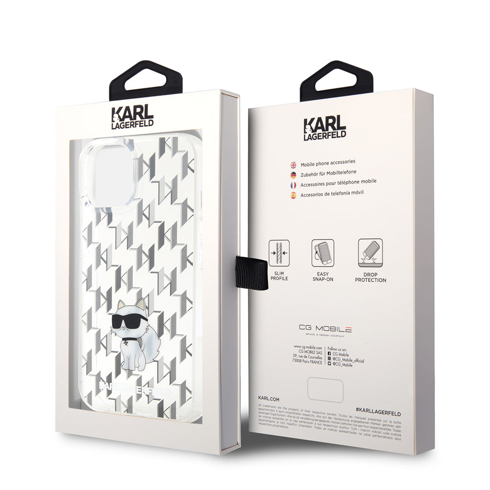 Deksel for Apple iPhone 15, Karl Lagerfeld, Monogram Choupette, Gjennomsiktig