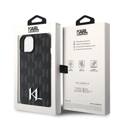 Deksel for Apple iPhone 15, Karl Lagerfeld, Monogram Hot Stamp Metal Logo, Svart