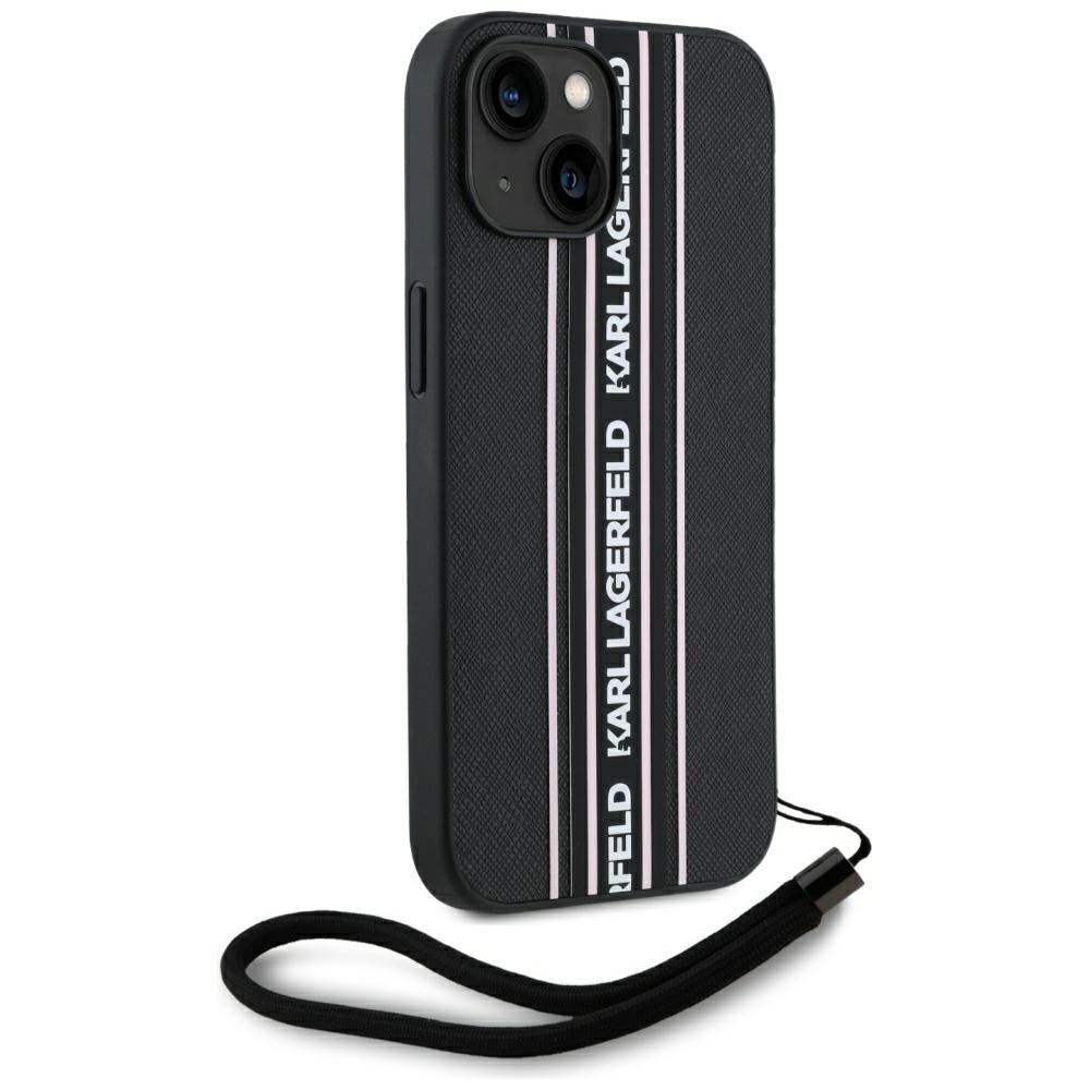 Deksel for Apple iPhone 15, Karl Lagerfeld, Saffiano Athleisure Stripes with Strap, Rosa
