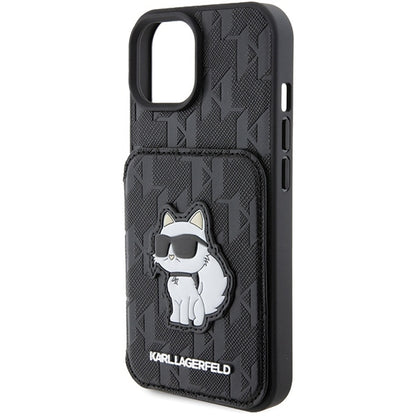 Deksel for Apple iPhone 15, Karl Lagerfeld, Saffiano Cardslots and Stand Monogram Choupette, Svart