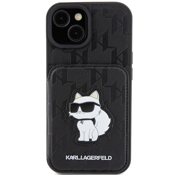Deksel for Apple iPhone 15, Karl Lagerfeld, Saffiano Cardslots and Stand Monogram Choupette, Svart