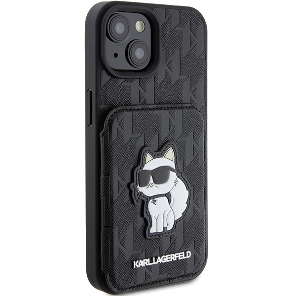 Deksel for Apple iPhone 15, Karl Lagerfeld, Saffiano Cardslots and Stand Monogram Choupette, Svart