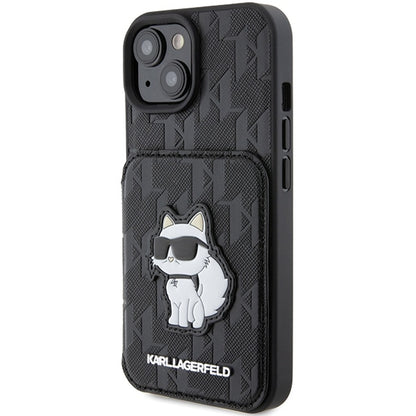 Deksel for Apple iPhone 15, Karl Lagerfeld, Saffiano Cardslots and Stand Monogram Choupette, Svart
