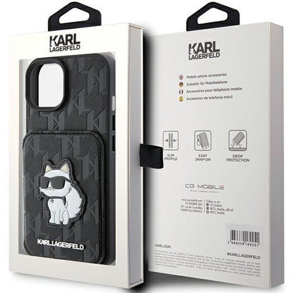 Deksel for Apple iPhone 15, Karl Lagerfeld, Saffiano Cardslots and Stand Monogram Choupette, Svart