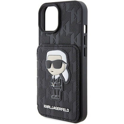 Deksel for Apple iPhone 15, Karl Lagerfeld, Saffiano Cardslots and Stand Monogram Ikonik Karl, Svart