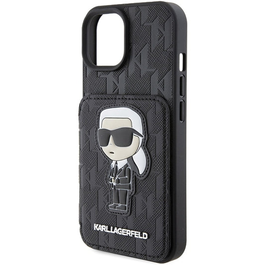 Deksel for Apple iPhone 15, Karl Lagerfeld, Saffiano Cardslots and Stand Monogram Ikonik Karl, Svart