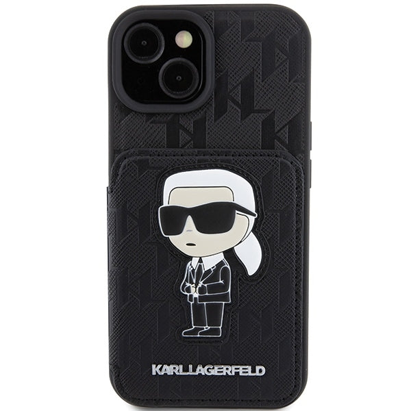 Deksel for Apple iPhone 15, Karl Lagerfeld, Saffiano Cardslots and Stand Monogram Ikonik Karl, Svart