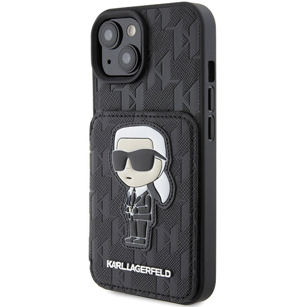 Deksel for Apple iPhone 15, Karl Lagerfeld, Saffiano Cardslots and Stand Monogram Ikonik Karl, Svart